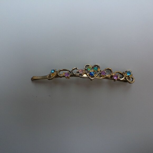 Heart Hair Clip, Silver/Gold color, Pink and blue rhinestone, shiny crystals - Picture 9 of 15